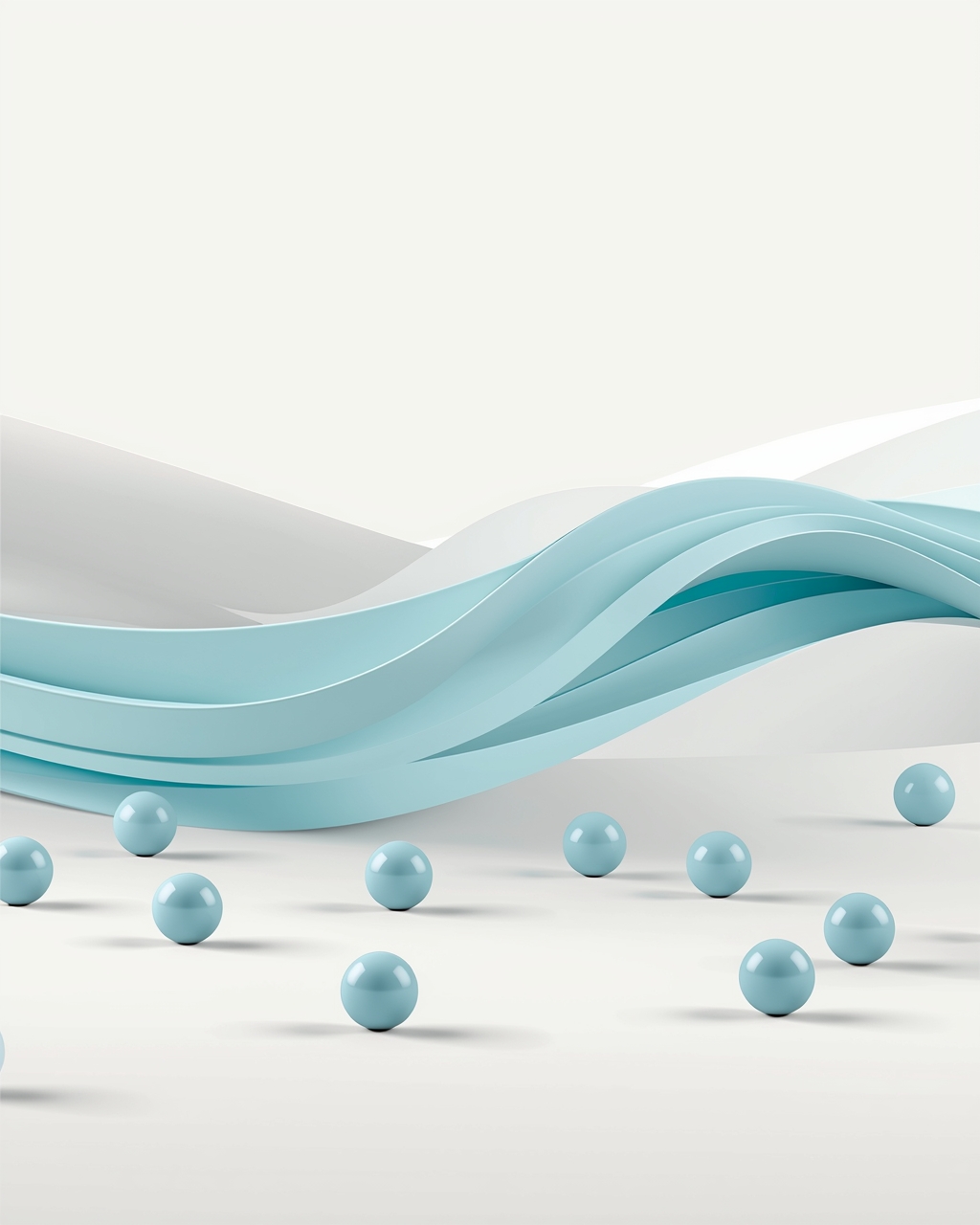 Ljus abstrakt 3D-illustration med vågor och sfärer i blått